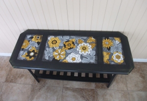 Upcycled sofa table for this year in golds and greys and retro-fantastic flowers!